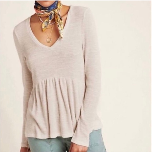 Anthropologie T.la V-neck Jill peplum Knit Top In Oatmeal - Picture 3 of 3